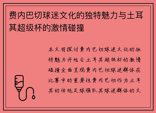 费内巴切球迷文化的独特魅力与土耳其超级杯的激情碰撞 费内巴切球迷文化的独特魅力与土耳其超级杯的激情碰撞